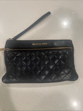 Michael Kors Black Quilted Leather Wristlet with Gold Hardware